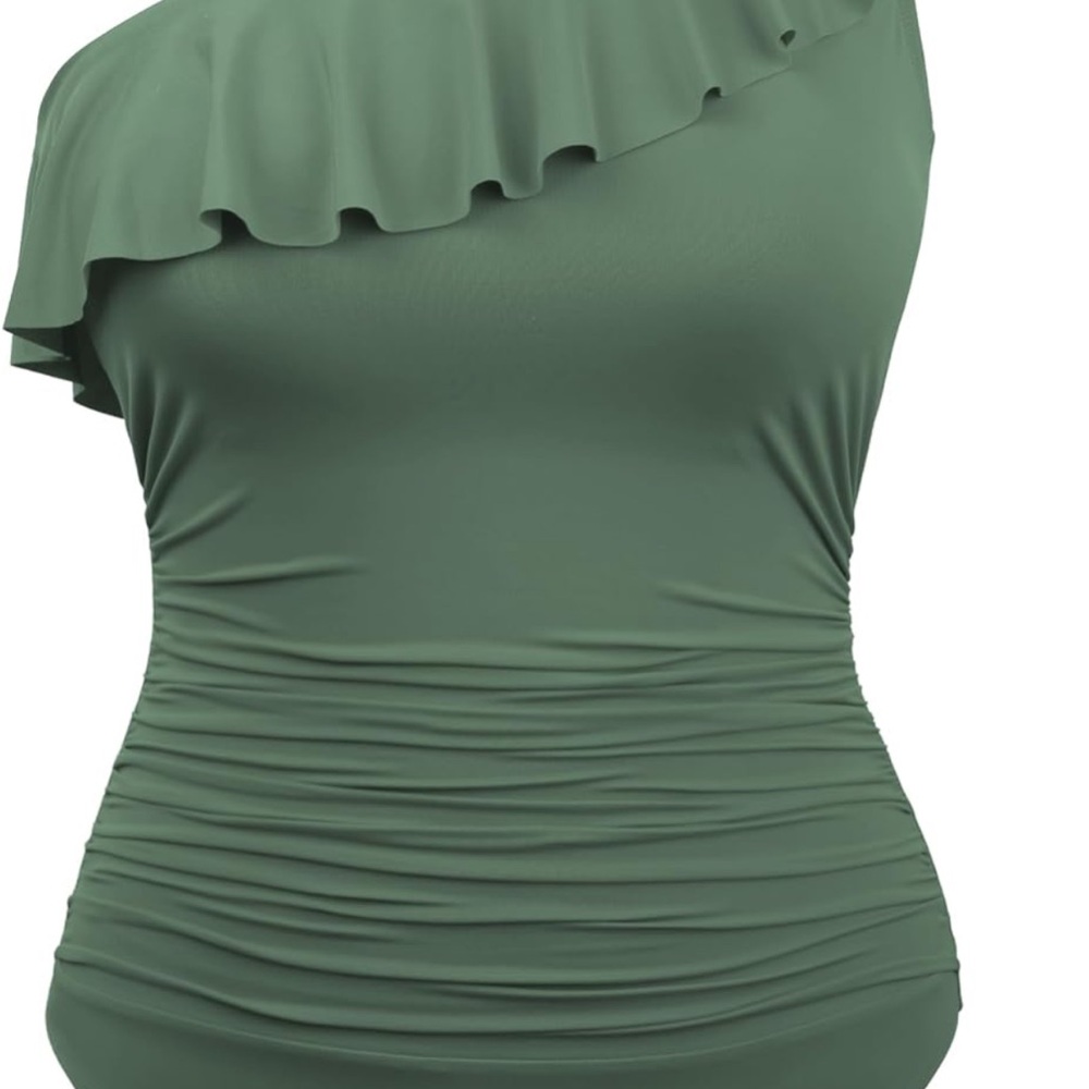 One-Shoulder Ruffle Top in Green - Picture 2 of 6